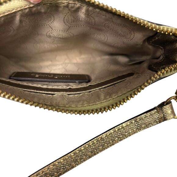 Michael Kors Metallic Wristlet Wallet Gold Leather Medium Card Holder Zip - Picture 8 of 14
